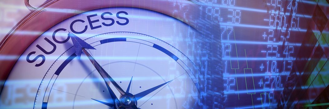Compass pointing to success against low angle view of office towers