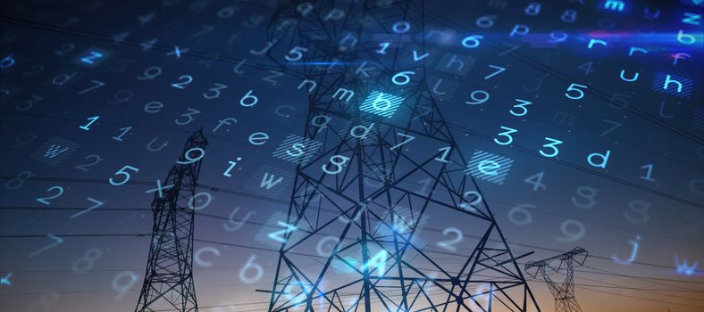 Virus background against the evening electricity pylon silhouette