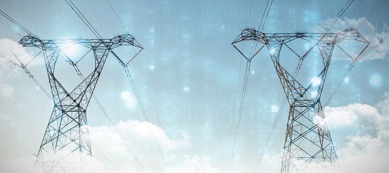 Clouds over binary coded screen against the evening electricity pylon silhouette
