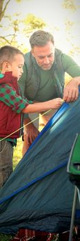 Father and son setting up the tent at campsite on a sunny day