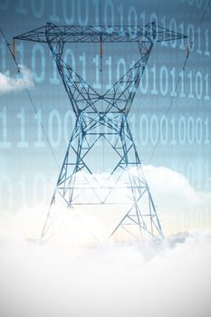 Clouds and binary coded computer screen against the evening electricity pylon silhouette