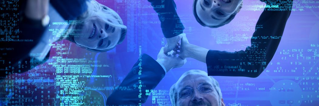 Low angle portrait of business people holding hands against white background against cloud computing symbols