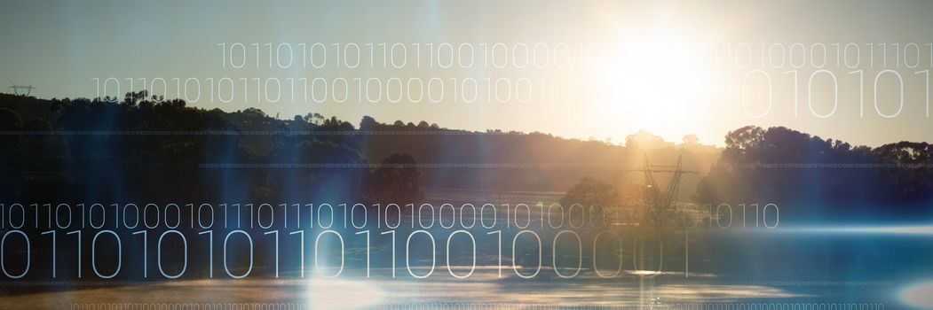 Blue technology design with binary code against beautiful sunset reflected in the lake