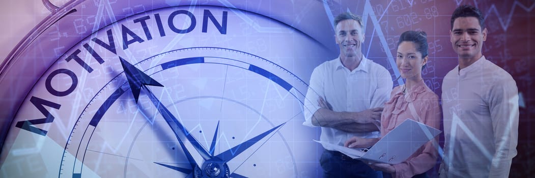 Portrait of confident business people with file against white background against compass pointing to motivation