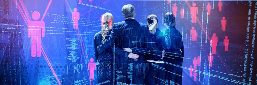 Rear view of business people with arms around against compass with results text