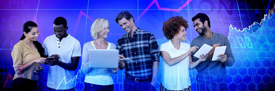 Smiling business people using technology against white background against high angle view of crowded buildings in city