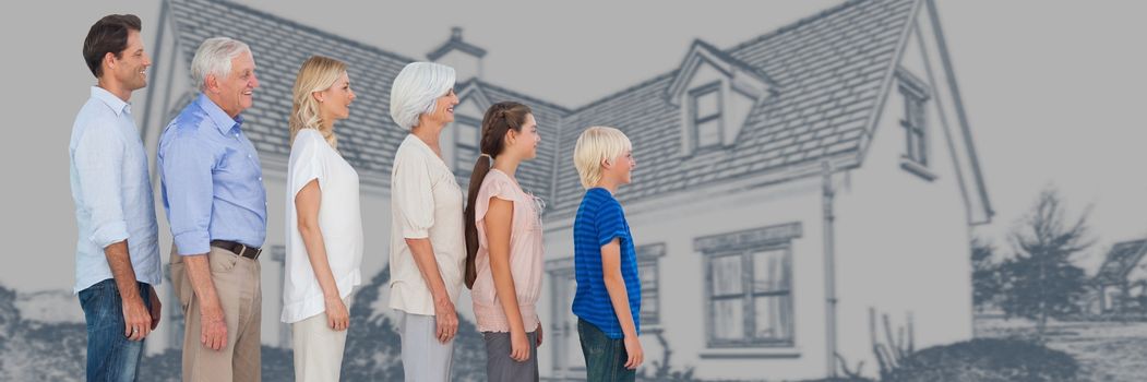 Digital composite of Family generations descending in height in front of house drawing sketch