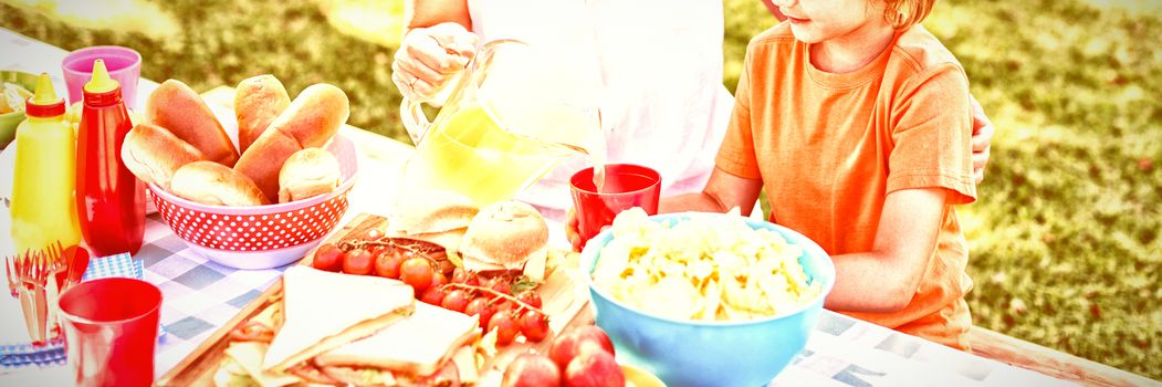 Happy mother and son having meal in park on a sunny day