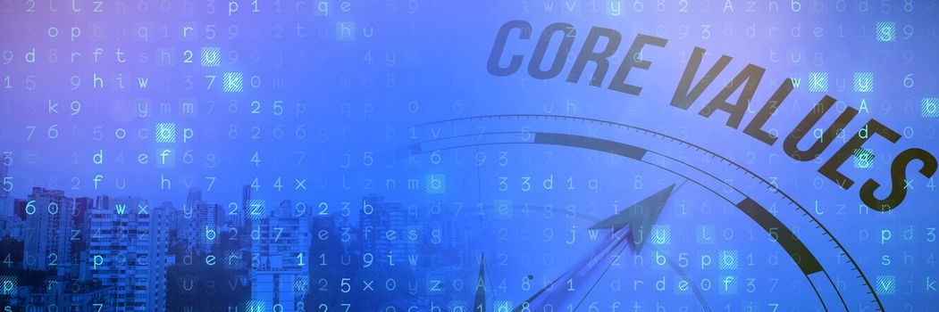 Core values against compass against city against blue sky