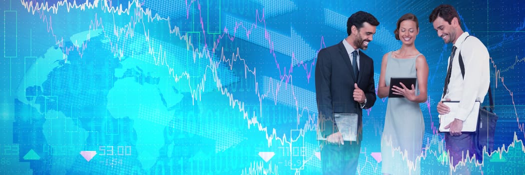 Businesswoman explaining to male colleagues over tablet against stocks and shares