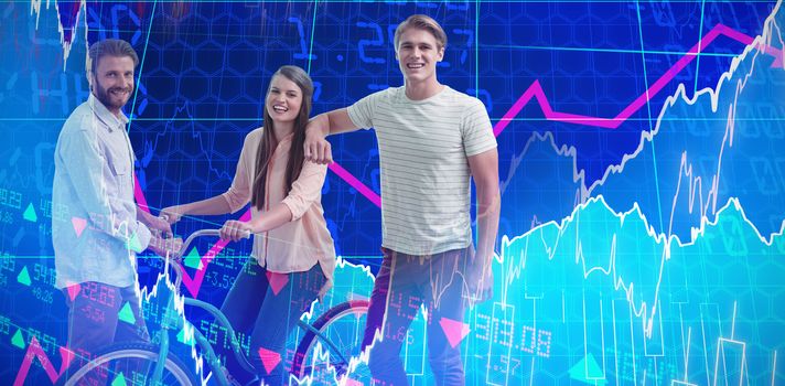 Buisness people with bicycle against white background against stocks and shares