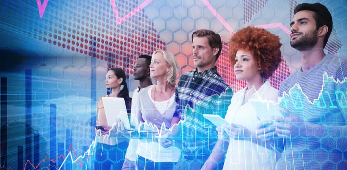 Business people looking away while standing against white background against stocks and shares