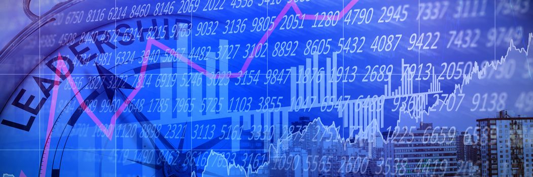 Stocks and shares against compass pointing to leadership
