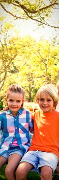 Portrait of happy family sitting at table in park