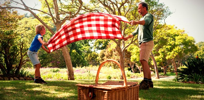 Father and son spreading the picnic blanket in the park