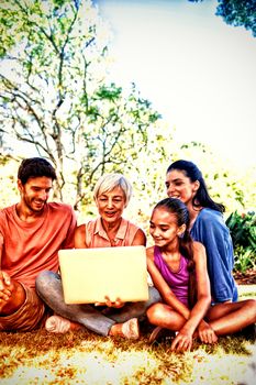 Smiling family using laptop in the park