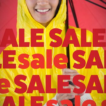 Woman in yellow raincoat holding an umbrella against white background with vignette