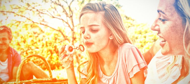 Mother and daughter blowing bubble with bubble wand at picnic in park