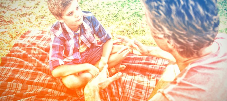 Father talking to son at picnic in park on a sunny day