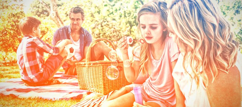 Mother and daughter blowing bubble while father and son playing with football in park