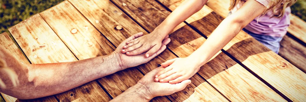 Mother and daughter holding hands on picnic table in park