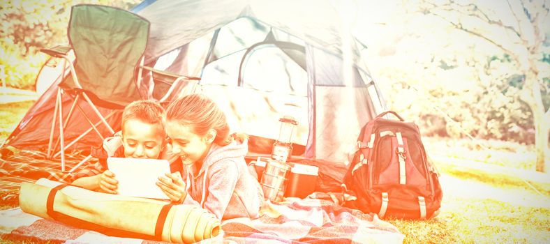 Smiling siblings using laptop outside the tent at campsite