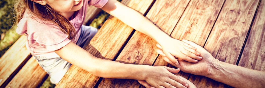 Mother and daughter holding hands on picnic table in park