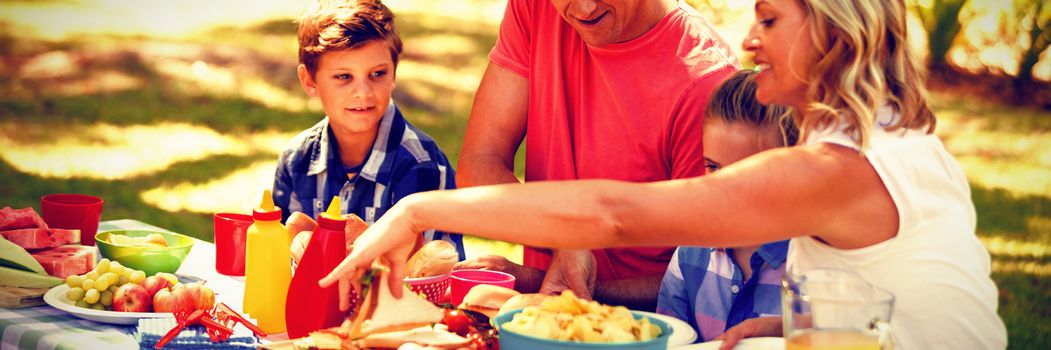 Happy family having meal in park on a sunny day