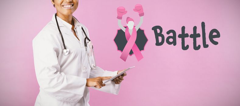 Battle text with female likeness and breast cancer awareness ribbon against smiling nurse wearing breast cancer awareness using tablet