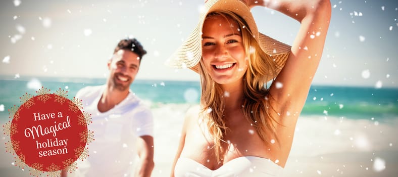 White and red greetings card against smiling couple holding hands