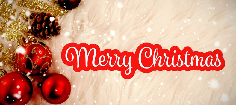White and red greeting card against copy space with christmas decorations
