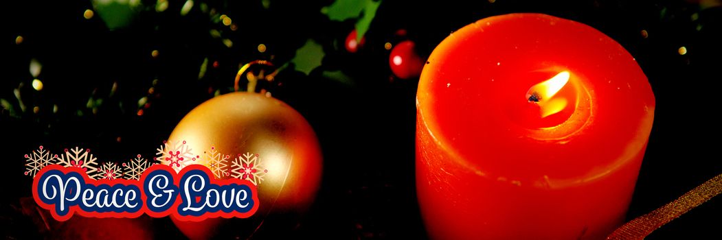 Peaceful message against christmas red circle candles with gold ball