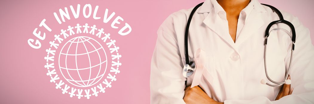 Get involved text with globe and human representations against arms crossed nurse wearing breast cancer pink ribbon arms crossed nurse wearing breast cancer pink ribbon on a pink background