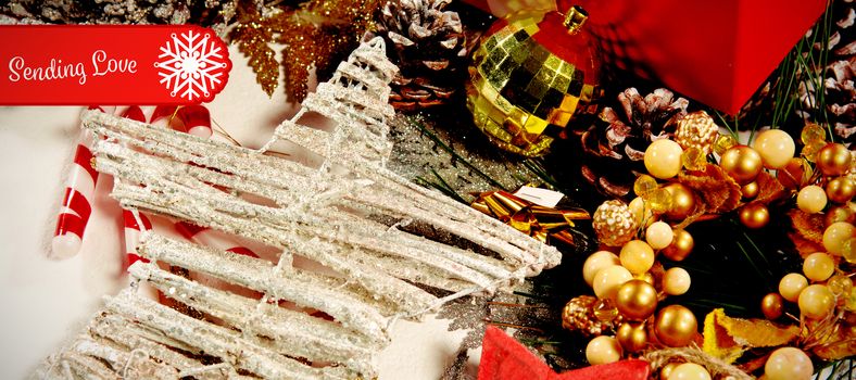 Banner sending love against beautiful christmas decoration
