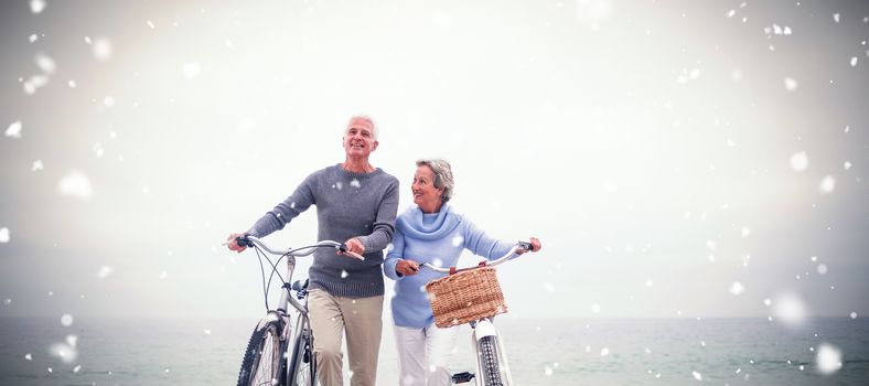 Snow falling against senior couple with their bicycles
