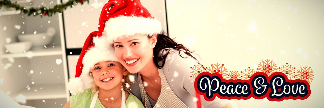 Portrait of a cute girl with her mother baking Christmas cookies against peaceful message