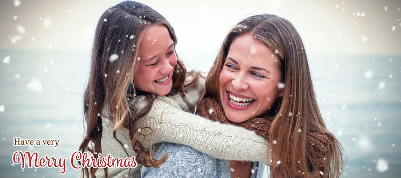 Christmas card against cheerful mother carrying daughter