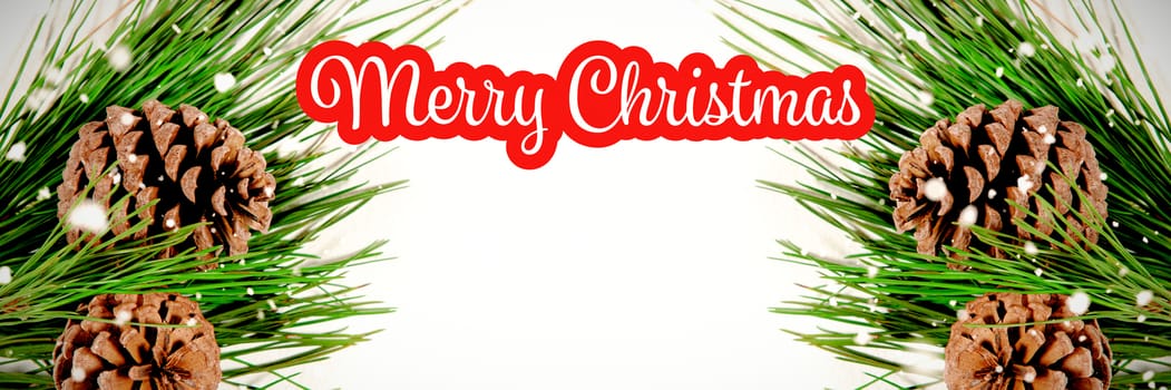 White and red greeting card against pine cones against white background