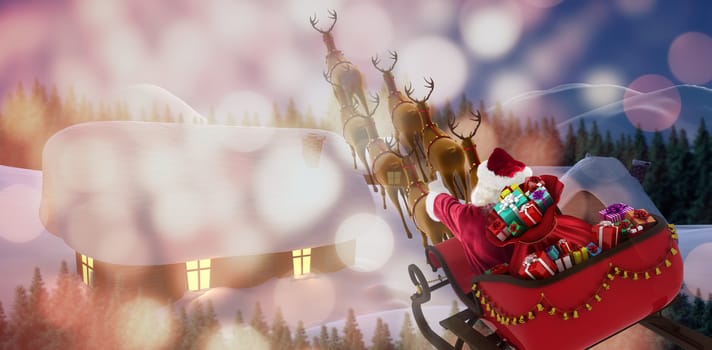 High angle view of Santa Claus riding on sled with gift box against cute village in the snow