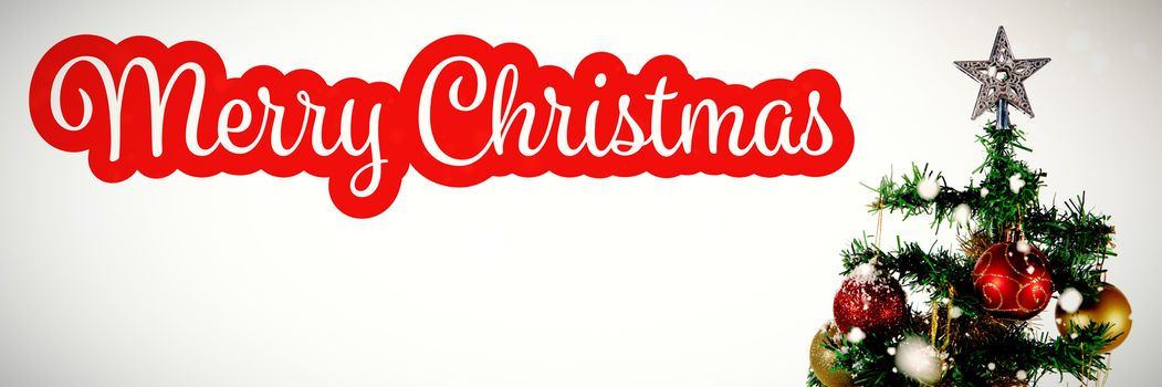 White and red greeting card against christmas star in tree against white background