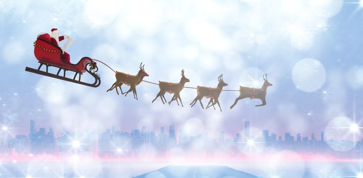 Side view of Santa Claus riding on sleigh during Christmas against fog covered street leading towards skyline