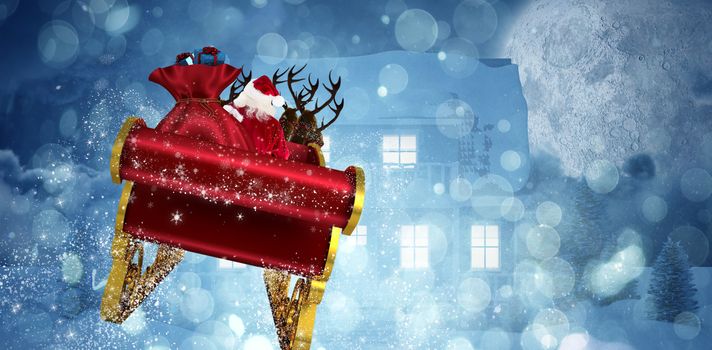 Santa flying his sleigh against moon lighting house 