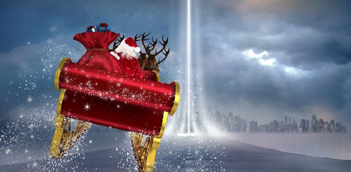 Santa flying his sleigh against street leading against cloudy sky