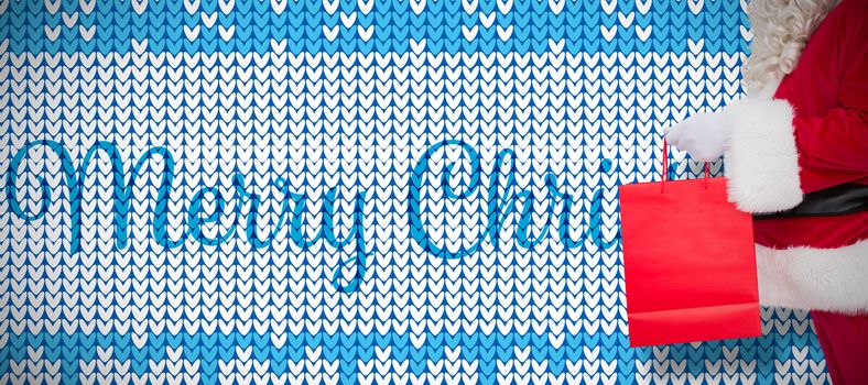 Father santa holding a shopping bag against knitting christmas vector background merry christmas