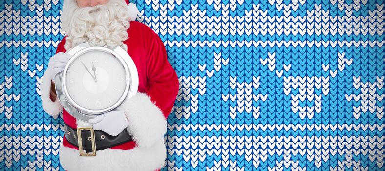 Happy santa holding a clock against knitting christmas vector background deer