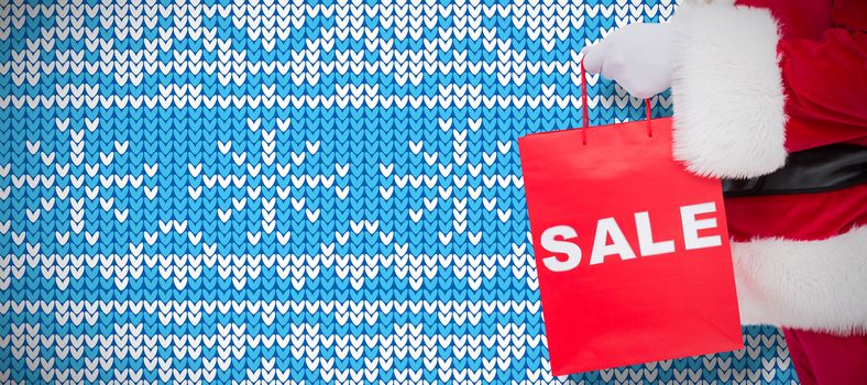 Santa claus holding sale bag  against knitting christmas vector background snowflakes