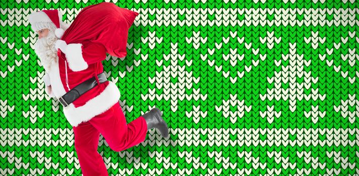Santa claus walking with a sack against white and green pattern