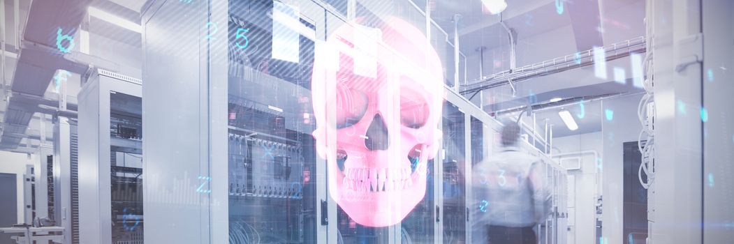 Virus background against close up of pink human skull