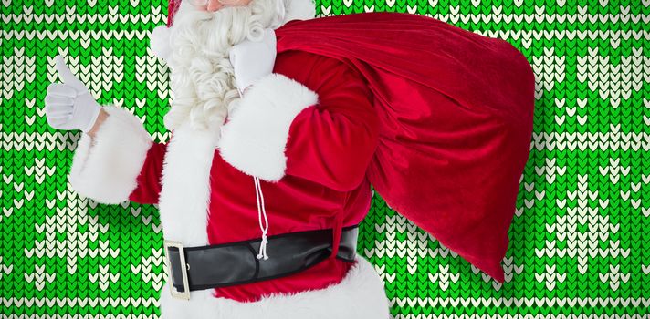 Positive santa with his sack and thumbs up against white and green pattern 