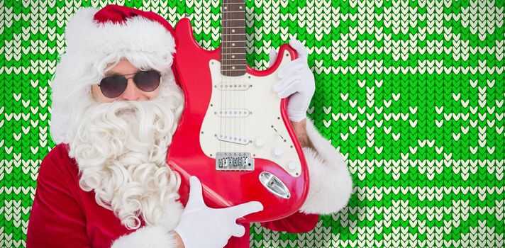 Cool santa showing electric guitar against knitting christmas vector background snowflakes